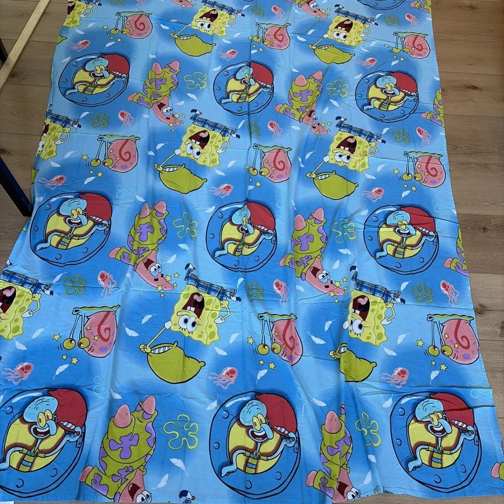 vtg Spongebob Square Pants Blue Flat Sheet Squidward Patrick Gary